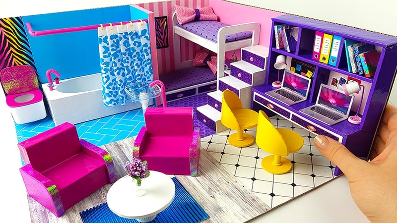 DIY Miniature Cardboard House, 4 bathroom, bedroom and living room for