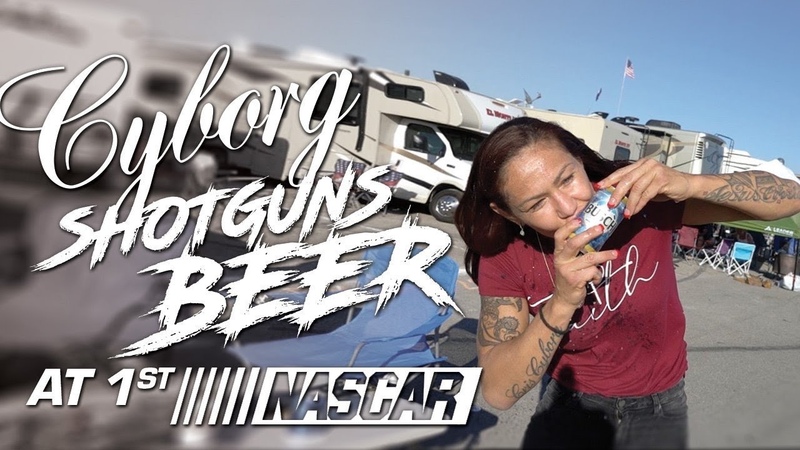 Cris Cyborg goes to NASCAR, Auto Club400 shotguns beer for first