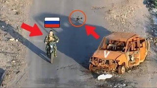 Ukrainian FPV Drone Crashed into a Russian Motorcycle with Military Man near Avdiivka!